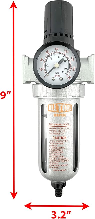 1/2" NPT Mid Flow Compressed Air In Line Filter Regulator Combo Piggyback - Image 2