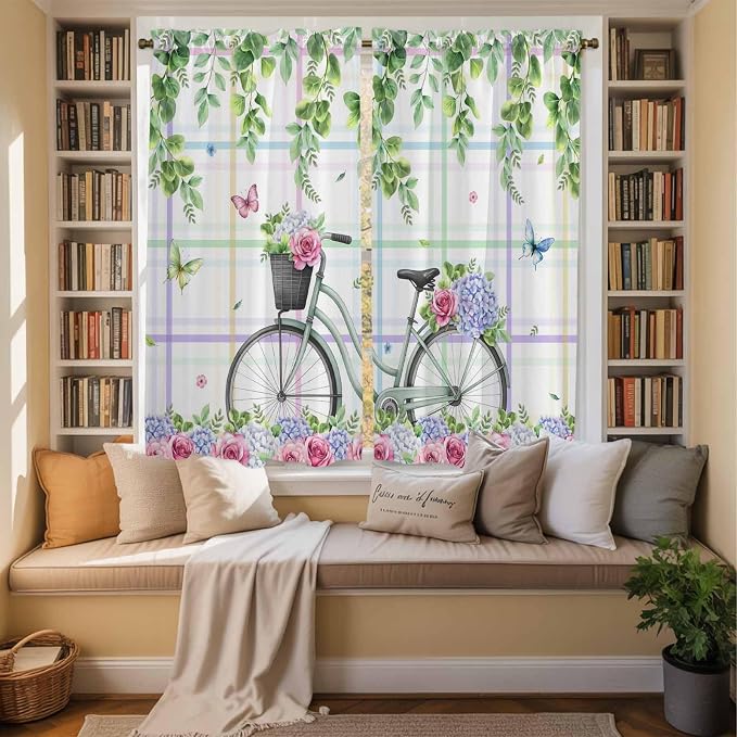 Spring Kitchen Curtains, Bicycles Botanical Leaves Rose Colorful Stripes Light - Image 3