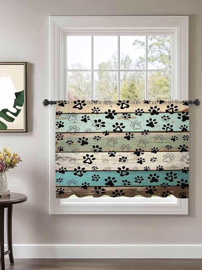 Sheer Curtains 45 Inch Length, Sage Green Brown Paw Prints Semi Sheer Curtains - Image 2
