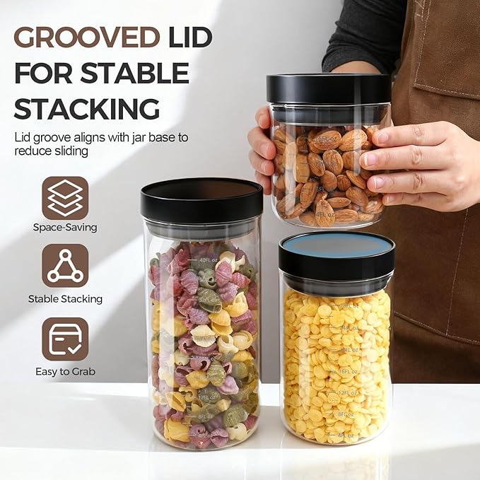 Danbark Set of 6 Mixed Sizes Airtight Glass Storage Canisters with Lids - Pantry Organizers and Storage Glass for Kitchen - for Pantry, Flour, Sugar, Coffee, Tea, Pasta, Rice, and Snacks - Black