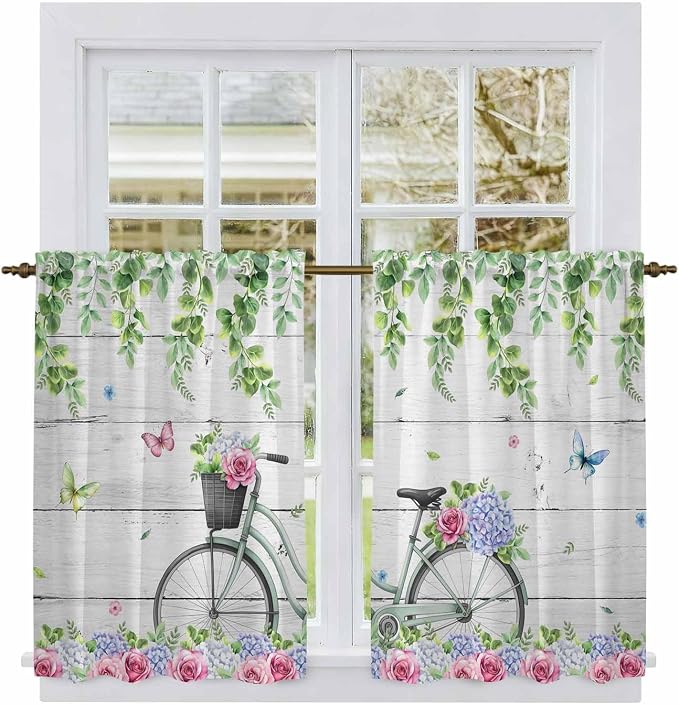 Spring Kitchen Curtains, Bicycles Botanical Rose Leaves Butterfly Wood Grain by Unknown