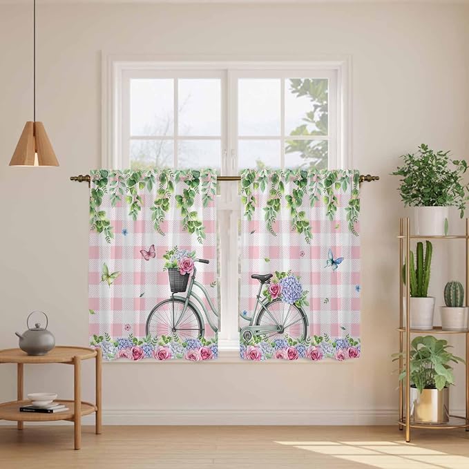 Spring Kitchen Curtains, Bicycles Leaves Butterfly Flowers Pink Buffalo Plaid - Image 3