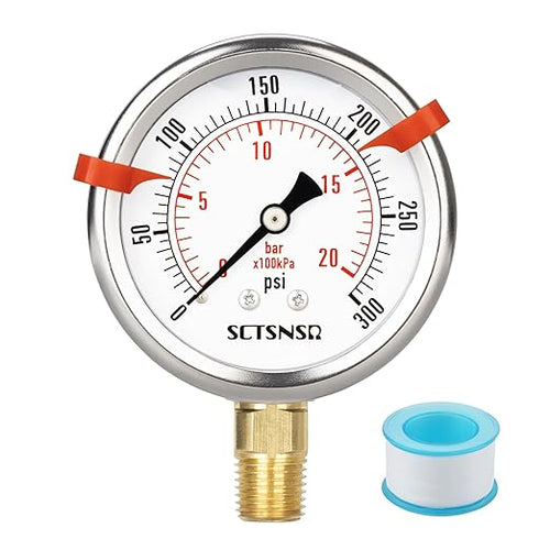 0 to 300 Psi Pressure Gauge, Glycerin Liquid Filled, 2.5 inch Dial, 1/4" NPT by SCTSNSR