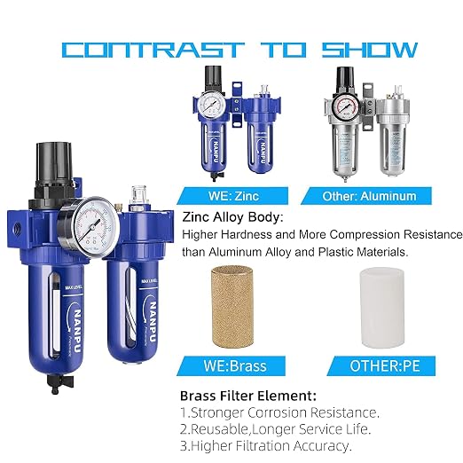 NANPU 1/2" NPT Compressed Air Filter Regulator Lubricator, Zinc Alloy, 5 Micron - Image 5