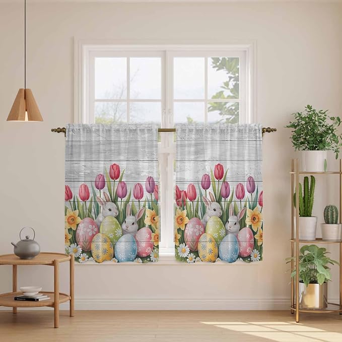 Easter Kitchen Tier Curtains 45 Inch Long 2 Panel Set, Rod Pocket Short Window - Image 3