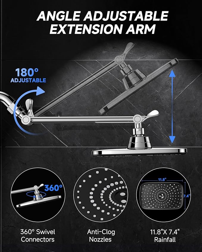 Veken 11.8" Rain Shower Head, Rectangular Rainfall Showerhead with 11" Stainless Steel Exension Arm, Height & Angle Decor Adjustable, High Pressure Shower Heads, Bathroom Accessories, Chrome