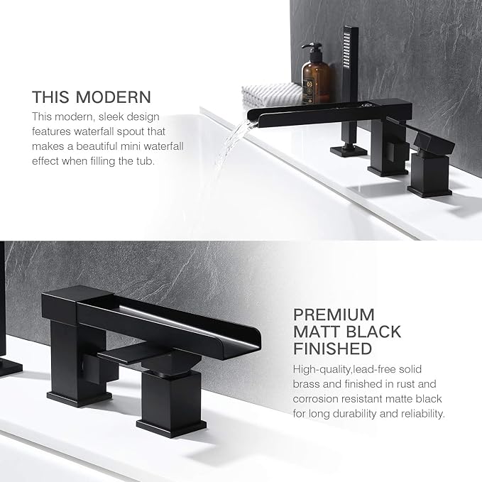 TapLong Waterfall Tub Filler Faucet with HandHeld Shower Widespread Roman Tub Faucet Set, Deck Mount 3-Holes Single-Handle Faucet in Matte Black, 03111B
