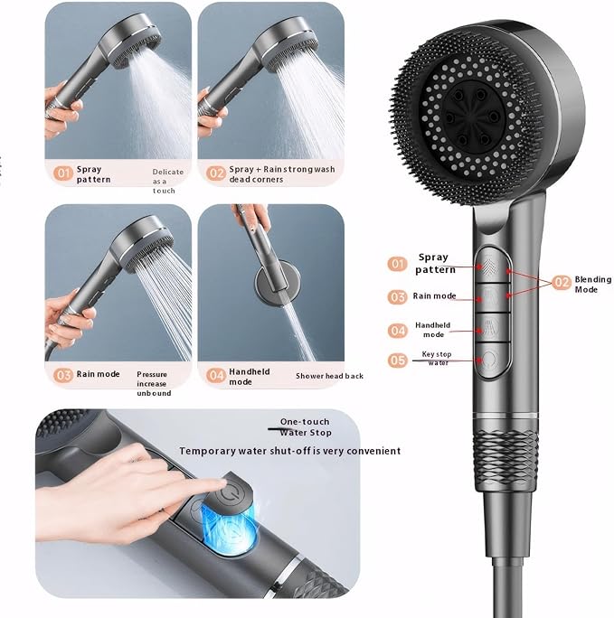 Filtered Shower Head with Handheld, High Pressure Shower Heads - 4 Spray Modes, Power Wash for Pets Bath, ON/OFF Switch & Water Saving Design (Deep Gray)