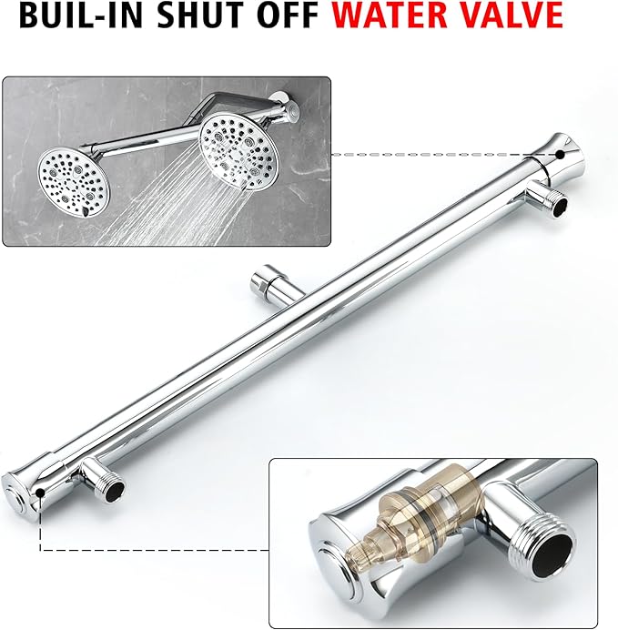 sumerain Luxurious 6" High Pressure Dual Shower Head Combo with 6 Settings and 20" Long Shower Arm for Couples, Chrome Finish