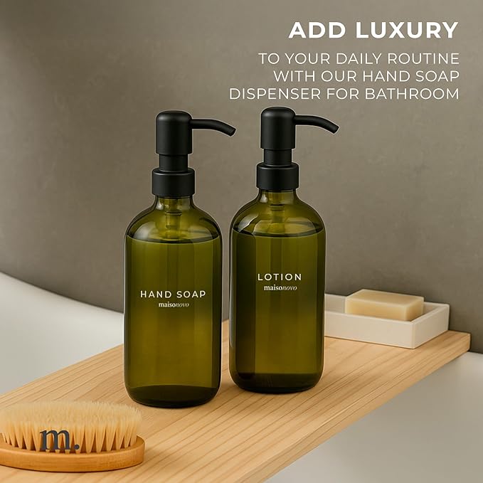 MaisoNovo Soap Dispenser 2-Piece Set | 16.9oz Green Bottles with Black Stainless Steel Pumps