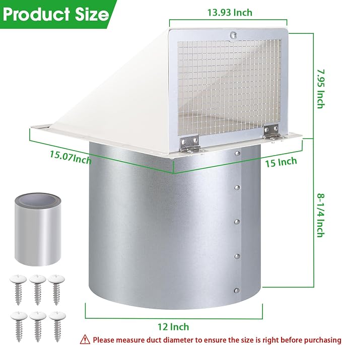 12 Inch Hooded Wall Vent with Screen and Damper, Outdoor Wall Exhaust Cover Cap - Image 2