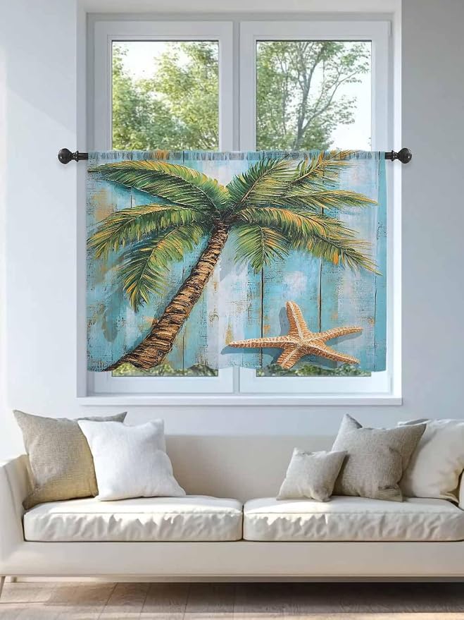 Sheer Curtains 54 Inch Length, Coastal Beach Tree Semi Sheer Curtains Light - Image 4