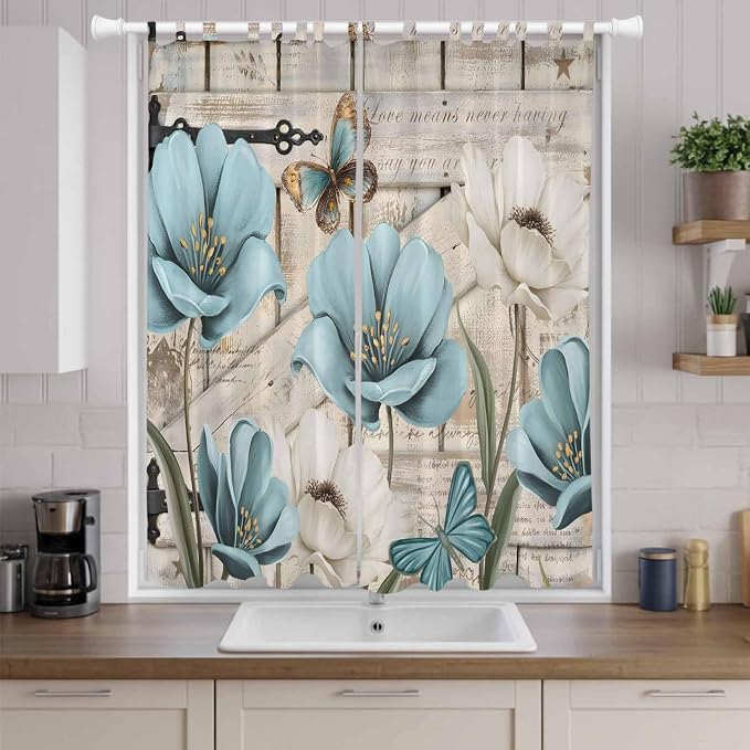 Teal Blue Tulips Living Room Curtains 96 Inch Length, Window Curtains Tab Top - Image 9