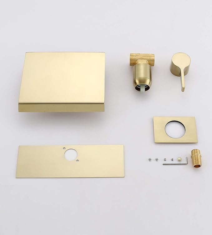 sumerain Wall Mount Tub Faucet Brushed Brass with Waterfall Tub Spout and Rough in Valve, High Flow