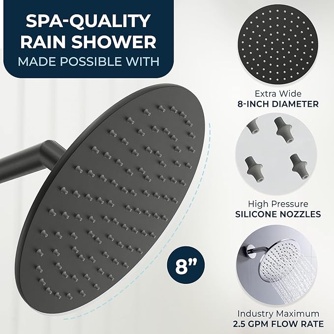 HammerHead Showers® Solid Metal 8 Inch Rainfall Shower Head – MATTE BLACK - Shower Head Rainfall - 2.5 GPM High Flow Shower Head Optimized for Pressure – Large Round Rain Shower Heads