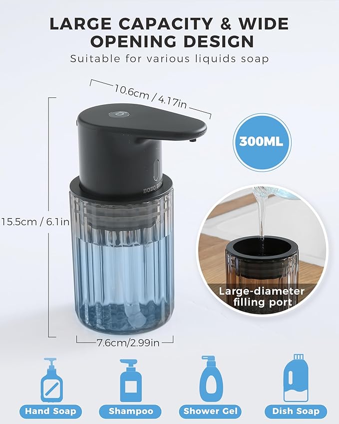 Automatic Liquid Soap Dispenser Touchless, 10oz/300ml Rechargeable, 3 Adjustable Liquid Levels, IPX5 Waterproof, for Kitchen Bathroom, Black