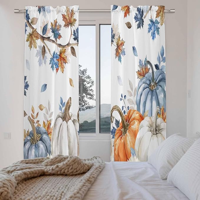 Navy Blue Pumpkin Fall Window Curtains 72 Inch Long 2 Panel Set, Rod Pocket - Image 4