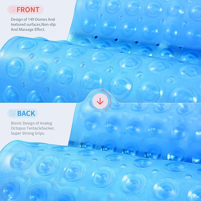 Anti-Slip Bathtub Shower mat, 27.5×14.5（Approximately 70×37cm） inch Soft Oversized Machine Washable Non-Slip Bathtub mat with Drainage Holes, Bathroom Floor Suction Cup.（1-Clear Blue）