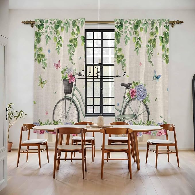 Farmhouse Spring Kitchen Curtains, Retro Bicycles Flowers Vines Butterfly Light - Image 2