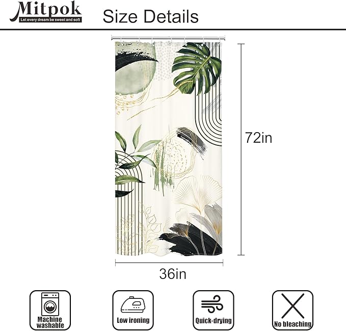 Grey Green Boho Small Shower Curtain 36Wx72H Stall RV Narrow Tropical Palm Leaves Abstract Modern Gold Leaf Mid Century Plant Bathroom Decor Botanical Bath Curtain Fabric Polyester 7 Pack Hooks
