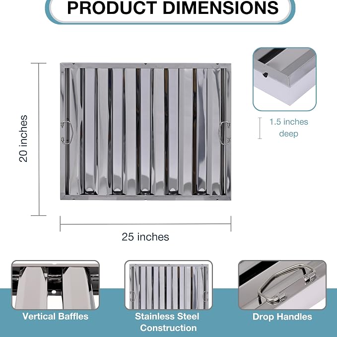 25" x 20" Stainless Steel Commercial Hood Filter – Dishwasher Safe, Welded - Image 3