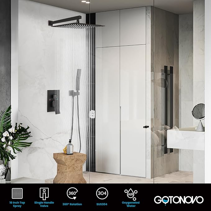 gotonovo Rainfall Bathroom Shower System Rain Shower Head and Handle Set Wall Mounted Shower Complete Combo Solid Brass Pressure Balancing Shower Mixer Valve 16 Inch Oil Rubbed Bronze
