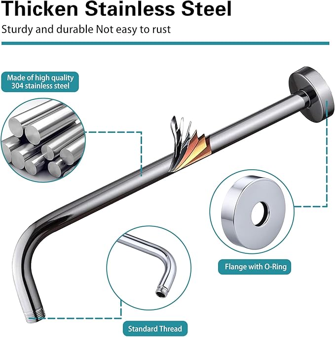 12 Inch Shower Arm with Flange,Stainless Steel 90 Degree Rain Shower Head Extension Arm,Wall-Mounted Shower Head Arm for Fixed Shower Head,Chrome