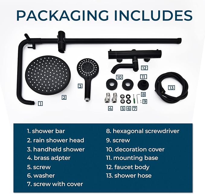 3-Function Thermostatic Outdoor Shower Faucet Set, 8" Round Head Shower, Exposed Pipe Wall Mount with Constant Temperature, Matte Black with Height Adjustable Slide Bar ABS Handheld Sprayer