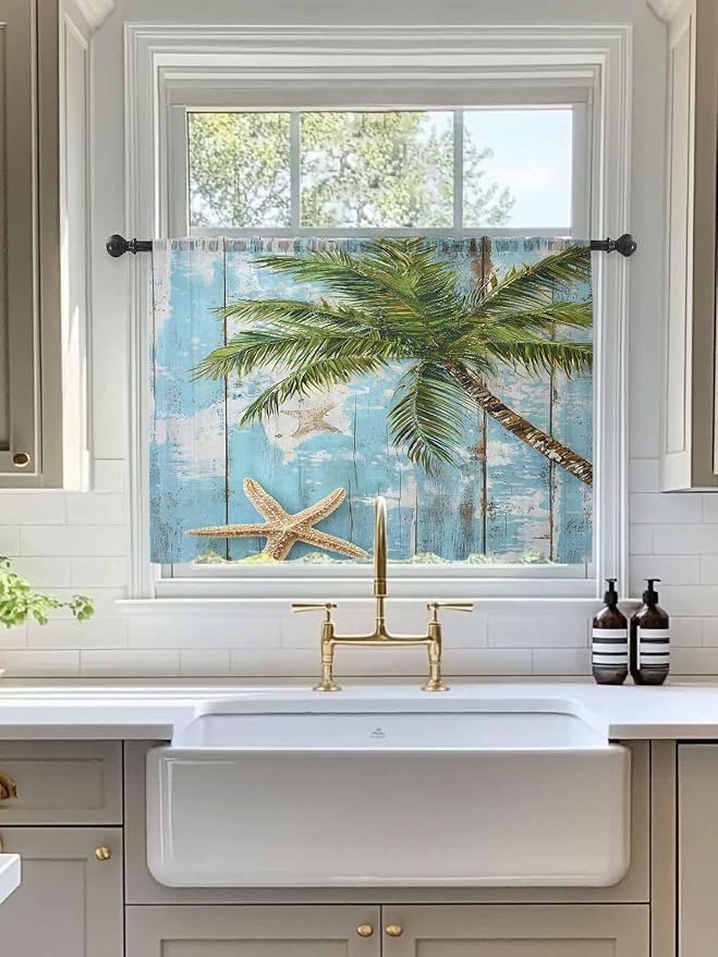 Sheer Curtains 45 Inch Length, Coastal Beach Blue Semi Sheer Curtains Light - Image 3