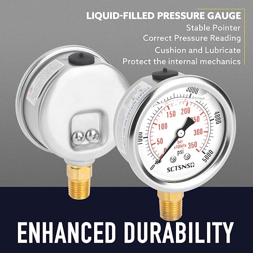 2-1/2" Dial Size, 0-5000 Psi Pressure Gauge, Glycerin Liquid Filled, 1/4" NPT - Image 3