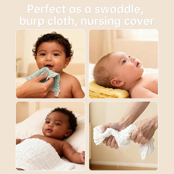 Organic Muslin Baby Washcloths 6 Pack Baby Bath Face Towel 12x12 Inch Extra Absorbent and Soft Burp Cloth and Wash Cloths for Newborn-Infants On Sensitive Skin (White Green Yellow)