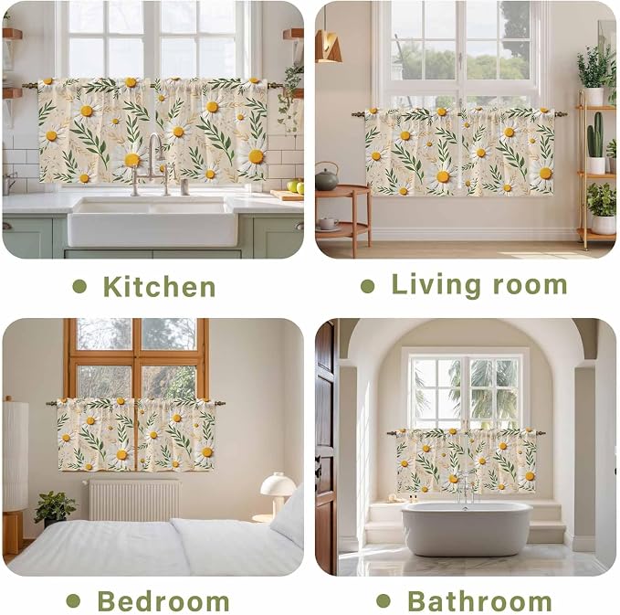 Spring Daisy Tier Curtains, Country Watercolor Flower Leaf Plant Light - Image 8
