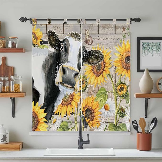 Yellow Sunflowers Bathroom Curtains 63 Inch Length, Window Curtains Tab Top - Image 3