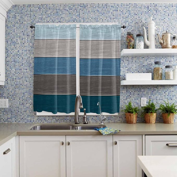 Retro Farm Blue Gray Wood Grain Window Valance Curtains, Rustic Wooden Plank - Image 8