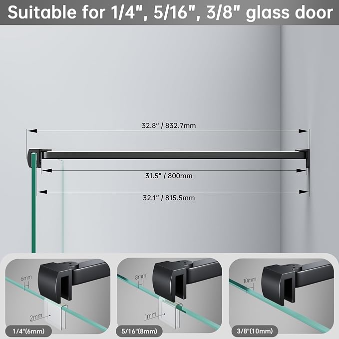 Frameless Shower Door Support Bar, Stainless Steel Wall-to-Glass Support Arm to Fixed Shower Glass Panel, for 1/4"-3/8" (6-10 mm) Door, 180° Pivot & Stow-Flat Mode (Matte Black, 31.5-inch(800mm))