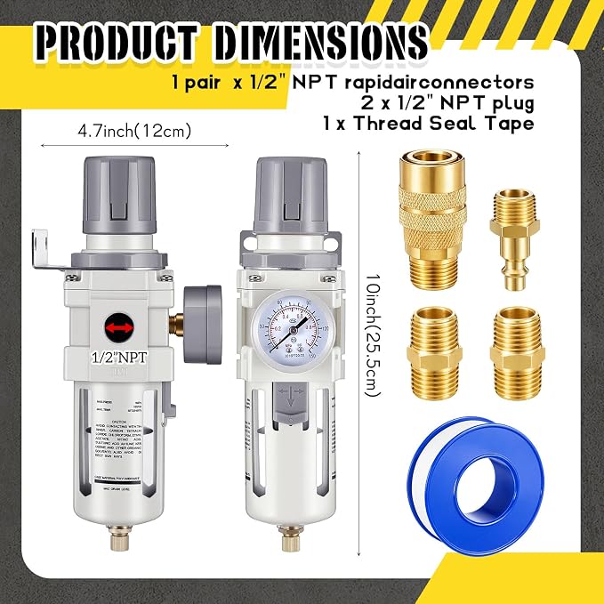 Tuanse Manual Drain 1/2" NPT Compressed Air Filter Regulator, Piggyback Combo - Image 2