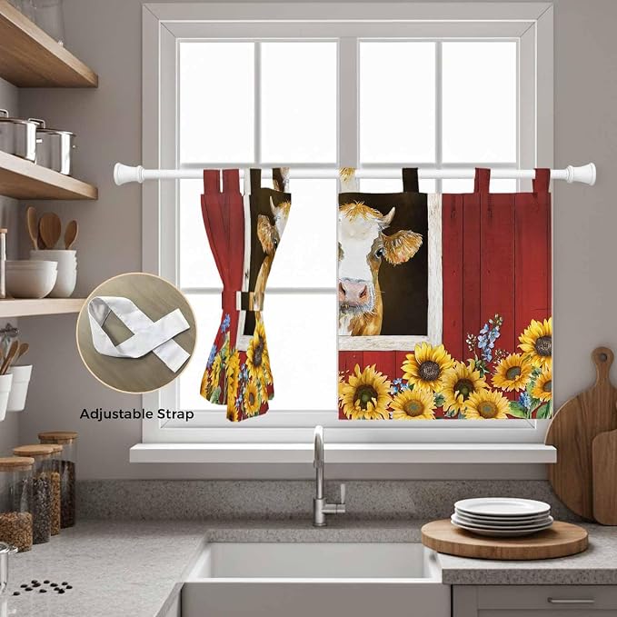 Cows Sunflowers Kitchen Curtains 24 Inch Length, Small Window Curtains Tab Top - Image 5