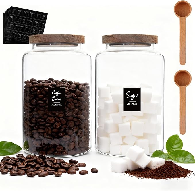 Glass Storage Jar with Lids Spoon Labels Round Glass Coffee Canister Borosilicate Glass Food Containers for Ground Spice Cookies Pasta Sugar Tea (2800ml/94oz-2 pack-with spoon)