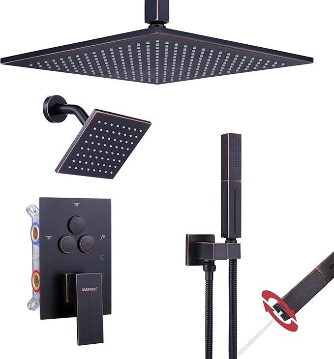 VANFOXLE Shower Faucet Set Oil Rubbed Bronze Shower System,Push Button Diverter Shower Faucet with 2 in 1 Handheld,Ceiling Mount 12 Inch Shower Head with 6 Inch Wall Mount Shower Head