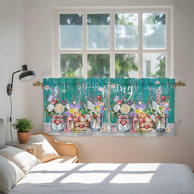Spring Flowers Tier Curtains, Farmhouse Watercolor Teal Wood Grain Light - Image 4