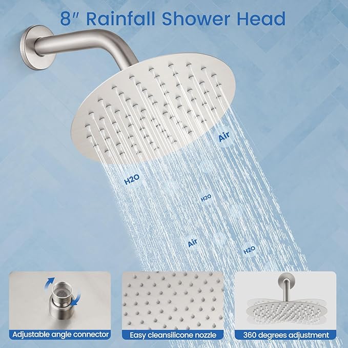 Airuida Shower Fixtures 2 Functions Shower Faucet Set Wall Mounted for Bathroom High Pressure Brass Handheld Shower with Rough-in Valve Round Rainfall 8 Inch Shower Head Brushed Nickel