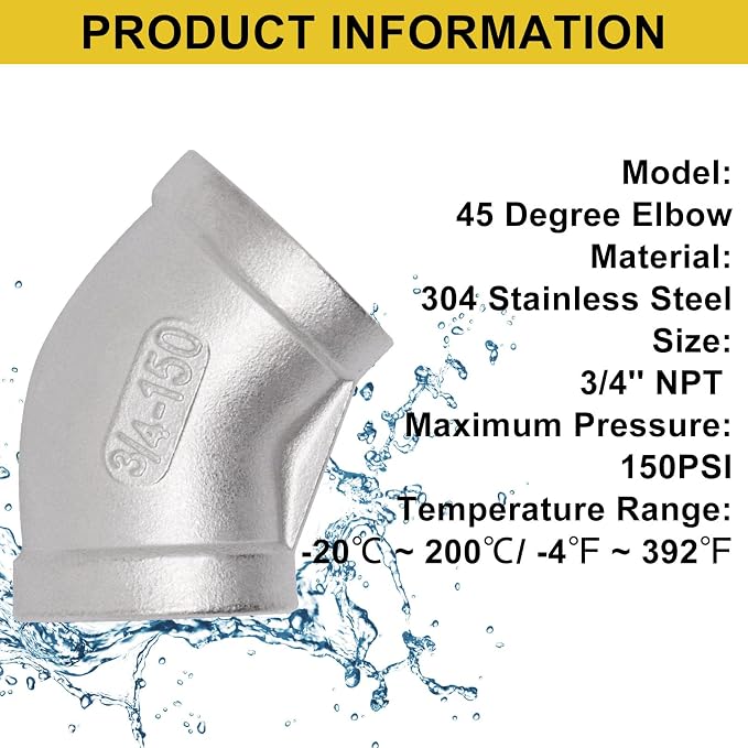 45 Degree Elbow 2PCS, 3/4" NPT Female x 3/4" NPT Female 304 Stainless Steel - Image 4