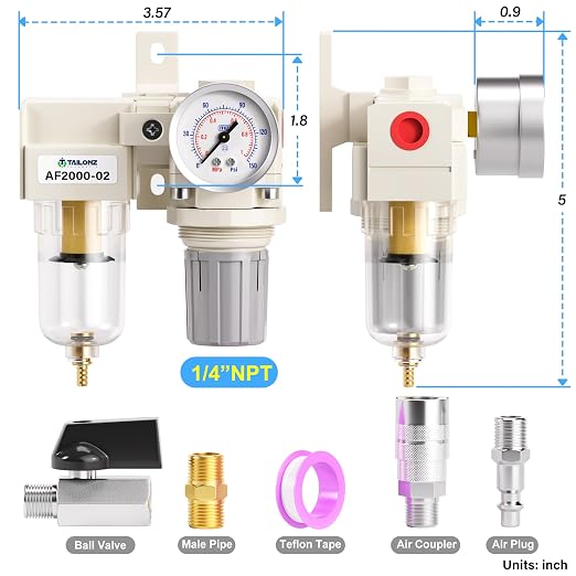 TAILONZ PNEUMATIC 1/4 Inch NPT 2 in 1 Air Filter Pressure Regulator Combo - Image 2