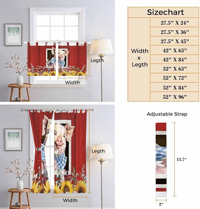 Pig Sunflowers Bathroom Curtains 63 Inch Length, Window Curtains Tab Top - Image 8