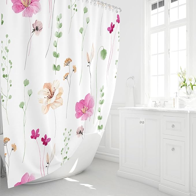 Gibelle Watercolor Floral Shower Curtain, Pink Beige Flower Shower Curtain for Bathroom, Modern Minimalist Waterproof Fabric Shower Curtain Set 72x72 Inch
