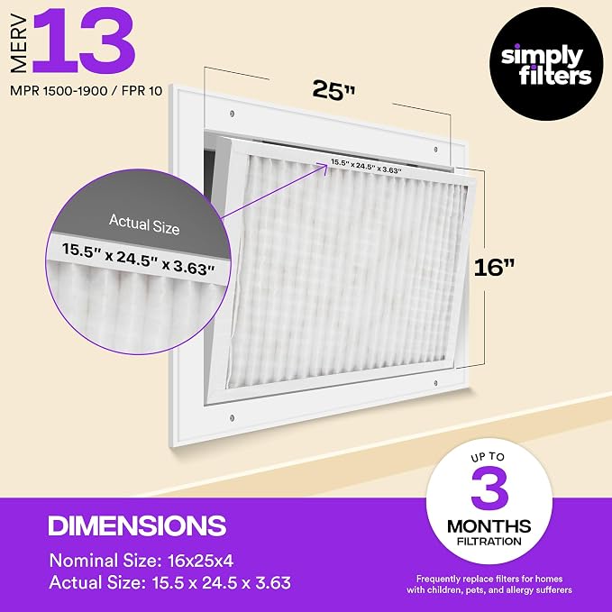 Simply 16x25x4 Air Filter, MERV 13, 4 Pack, Furnace Air Filter - Image 2