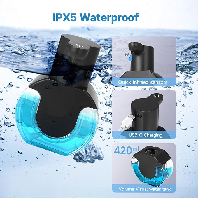 Automatic Soap Dispenser Touchless,14.2oz/420ML Auto Liquid Soap Dispenser,Rechargeabled Wall Mounted Smart Pump for Bathroom Kitchen,Black