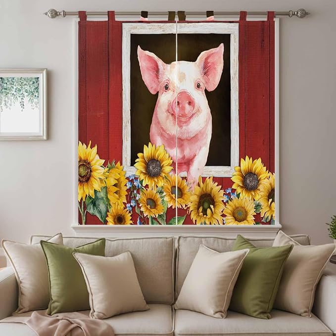 Pigs Sunflowers Bathroom Curtains 63 Inch Length, Window Curtains Tab Top - Image 9