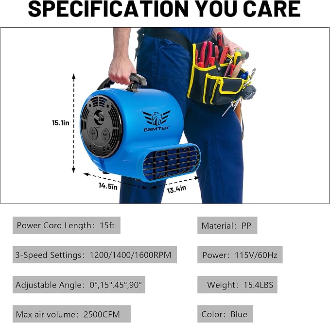 Air Mover Blower Fan, Industrial 1/2HP 2500CFM Monster Floor Blower Carpet - Image 2