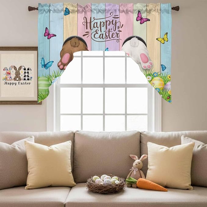 Swag Valance Curtains, Happy Easter Rabbit Butt Egg on Daisy Leaf Rod Pocket - Image 4